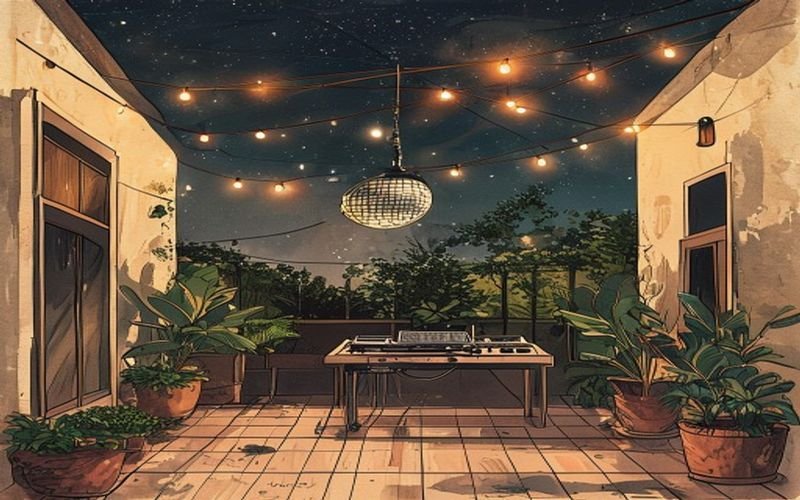 Ilustración de un patio de noche con guirnalda de luces y bola de espejos