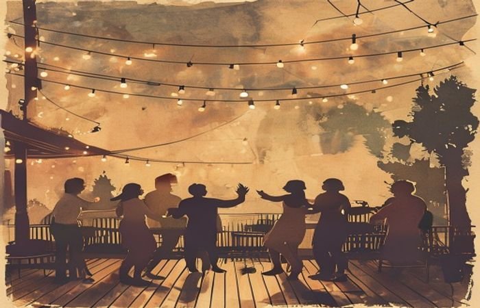Amigos reencontrándose en un patio de noche con luces colgantes